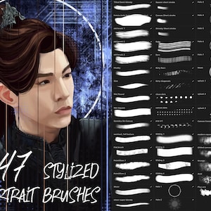 May include: 47 stylized portrait brushes for digital art. The brushes are white on a black background. The brush names are listed on the right side of the image.