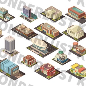May include: Isometric illustrations of various buildings, including a police station, a fire station, a library, a school, a hospital, a bank, a skyscraper, a stadium, a train station, and a modern art museum.
