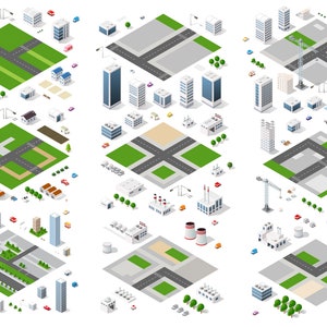 Op de afbeelding: Isometrische illustratie van een stad met verschillende gebouwen, wegen, bomen en auto's. De illustratie omvat een verscheidenheid aan gebouwen, waaronder wolkenkrabbers, huizen, fabrieken en bouwplaatsen. De wegen zijn geasfalteerd en hebben zebrapaden. De bomen zijn groen en bladerrijk. De auto's zijn rood, blauw en geel.