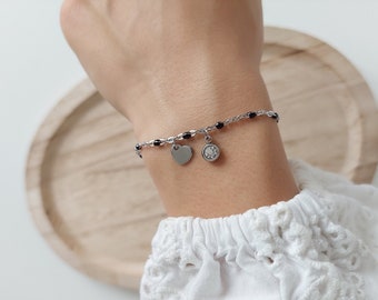 Bracelet chaine perle noire acier inoxydable breloque charms coeur à personnaliser avec gravure et diamant couleur au choix bijou unique