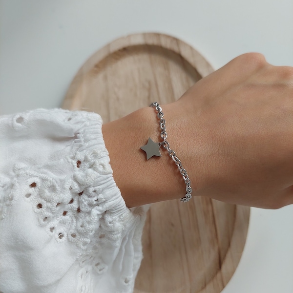 Bracelet chaine grosse maille acier inoxydable breloque charms étoile à personnaliser avec gravure bijou unique créateur idée cadeau