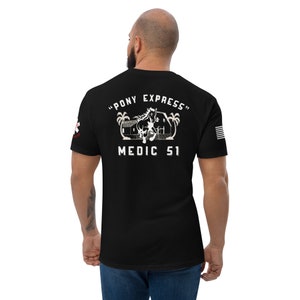 May include: Black t-shirt with a white graphic of a horse running with the text "Pony Express" and "Medic 51" on the back.
