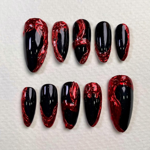 Black Red Chrome Press on Nails: Y2K Gothic Punk Fake Nails - Etsy