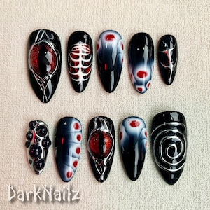 Custom Red Eye Press On Nails: Gothic Skeleton Y2K Black Fake Nails