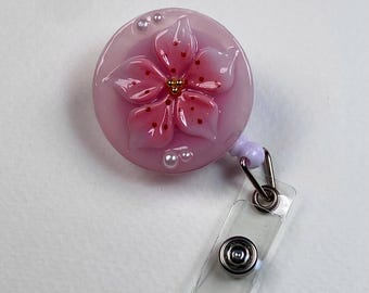 Pink Sakura Badge Reel – Handmade Cherry Blossom Retractable ID Holder, Cute Floral Badge Reel for Nurses & Teachers