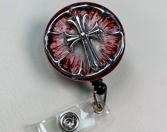 Red Gothic Cross Badge Reel – Handmade Retractable ID Holder, Silver Cross Resin Badge Reel, Dark Nurse Badge Holder