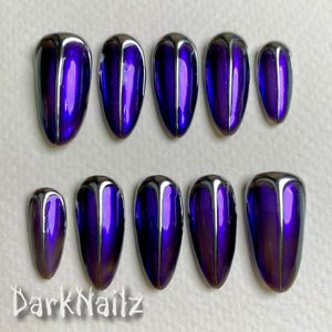Custom Purple Chrome Press On Nails, Gothic Punk Rock Silver Chrome Fake Nails | Darknailz