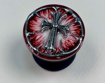 Red Gothic Cross Phone Grip – Handmade Resin Phone Grip, Silver Cross Phone Stand, Alternative Phone Holder