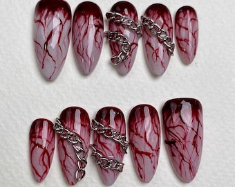 Crimson Vein Gothic Press-On Nails – Red Chain Fake Nails