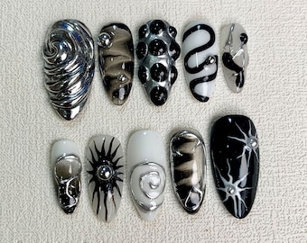 Custom Black Press On Nails, Gothic Punk Rock Nails, Snake Goth White Y2K Press On Nails