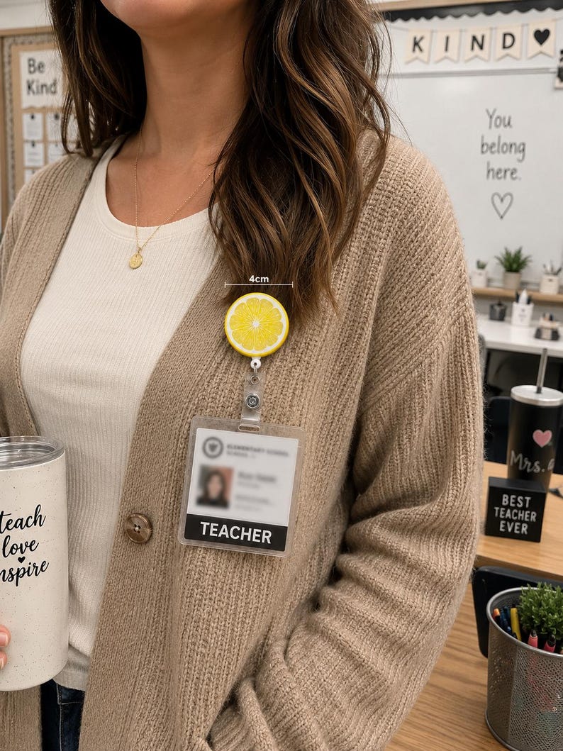 May include: A yellow lemon-shaped badge reel, approximately 4cm in diameter, worn on a beige cardigan. The badge reel is attached to a clear ID holder with the word "TEACHER" printed on it. A white tumbler with the words "teach love inspire" is also visible.