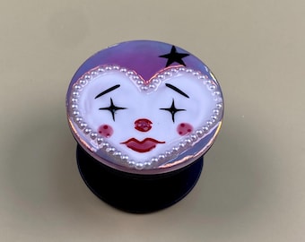 Cute Clown Heart Phone Grip – Handmade Resin Phone Grip Stand, Collapsible Phone Holder, Kawaii Clown Face, Pearl Heart, Pink Aesthetic Gift