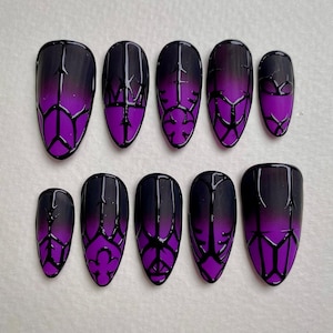 Custom Darkgate Purple Ombre Press On Nails, Black Gothic Armor Fake Nails