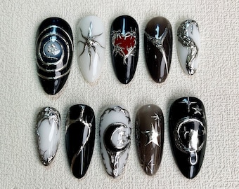 Custom Black Press On Nails, Gothic Punk Rock Red Heart Nails, Goth Y2K Moon Cat Press On Nails, Dark Nails