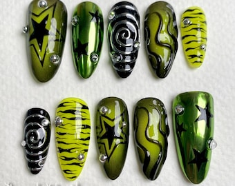 Y2K Green Chrome Press On Nails: Dark Style Fake Nails