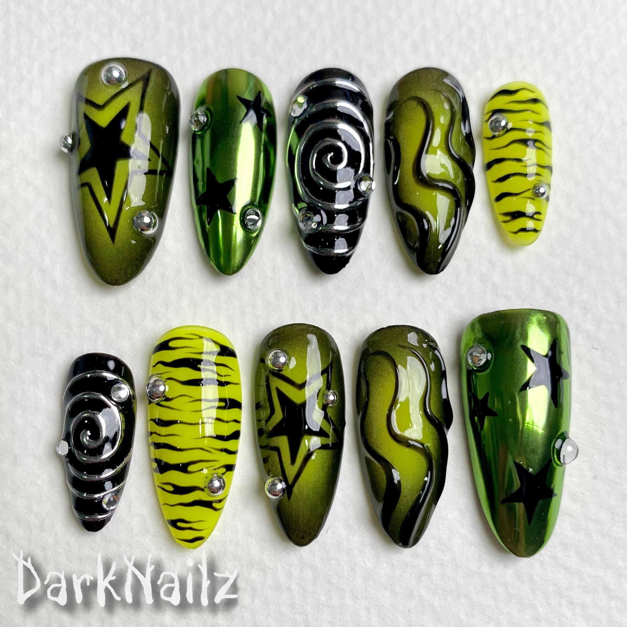 Custom Y2K Green Press On Nails, Dark Style Green Chrome Fake Nails | Darknailz