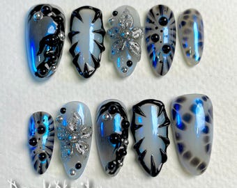 Handmade Blue Chrome Press On Nails, Black White Twinkle Flower Fake Nails | Darknailz