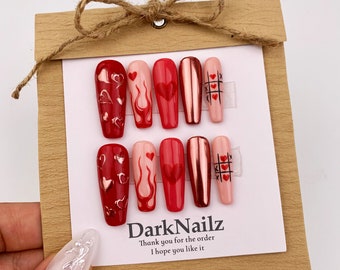 Cute Red Pink Valentine's Day Press On Nails To Surprise Your Boy Friends, Fire Love Anniversary Dating Cupid Nails