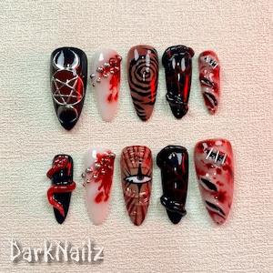 Custom Scary Halloween Press On Nails, Gothic Punk Rock Horror Nails, Goth Blood Lucifer Satan Saturn One Eye Nails