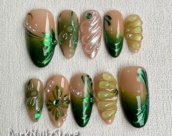 Custom Green Forest Fairy Press On Nails, Party Vacation Nail, Nails Gift For Girls, Floating Summer Gel Nails, Spring Y2K Press On Nails