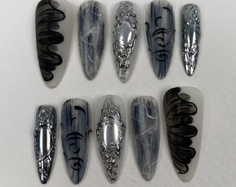 Emerald Chrome Cross Press-On Nails – Gothic Green Metallic Fake Nails
