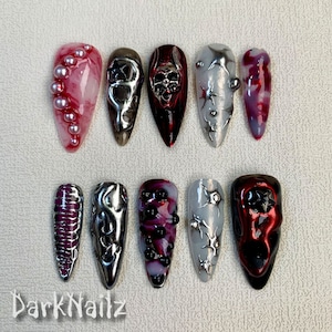 Custom Red Gothic Press On Nails: Punk Rock Horror Halloween