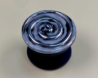 Dark Spiral Phone Grip – Handmade Resin Phone Grip Stand, Collapsible Phone Holder, Gothic Black & Silver Swirl, Alternative Aesthetic Gift