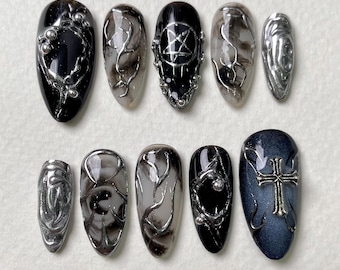 Nightbane Black Chrome Press On Nails, Gothic Dark Cross Fake Nails