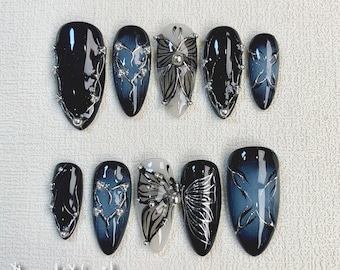 Custom Black Dark Press On Nails, Gothic Punk Rock Nails, Goth Y2K Butterfly Press On Nails