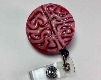 Halloween Brain Badge Reel–Spooky Horror Pink Brain ID Holder, Creepy Retractable Badge Reel