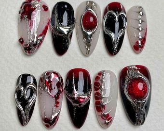 Crimson Heart – Red Black Gothic Press-On Nails, Dark Metal Fake Nails