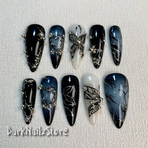 Custom Black Dark Press On Nails, Gothic Punk Rock Nails, Goth Y2K Butterfly Press On Nails