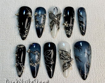 Custom Black Dark Press On Nails, Gothic Punk Rock Nails, Goth Y2K Butterfly Press On Nails