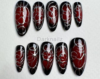 Crimson Vein Gothic Press-On Nails – Red & Black Gradient Fake Nails