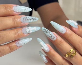 Frozen Grace Press-On Nails – Icy Blue Cross Gothic Fake Nails