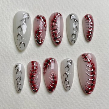 Custom Pink And Red Centipede Press On Nails, Gothic Punk Rock Goth Horror Silver Chrome White Fake Nails