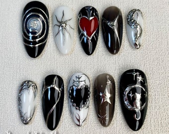 Custom Black Press On Nails, Gothic Punk Rock Red Heart Nails, Goth Y2K Moon Cat Press On Nails, Dark Nails