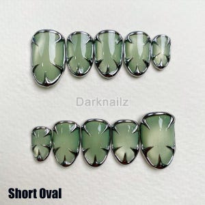 Custom Cat Eye Press On Nails: Soft Green Gothic Silver Chrome