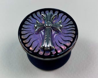 Purple Gothic Cross Phone Grip – Handmade Resin Phone Grip, Silver Cross Phone Stand, Alternative Gothic Phone Holder