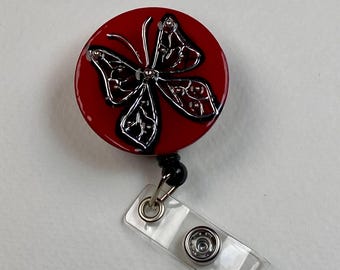 Red Butterfly Badge Reel – Handmade Gothic Retractable ID Holder, Dark Red Resin Badge Reel for Nurses, Teachers & Office Staff