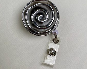 Silver Spiral Badge Reel – Handmade Chrome Swirl Retractable ID Holder – Cute Badge Holder for Nurses, Teachers & Office Staff