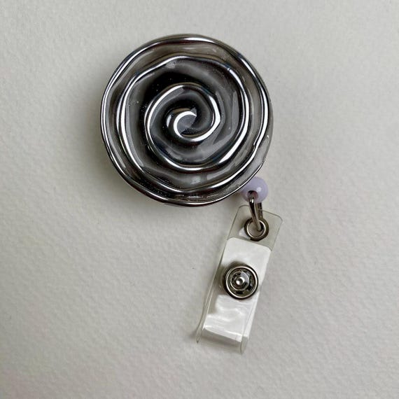 Silver Spiral Badge Reel – Handmade Chrome Swirl Retractable ID Holder – Cute Badge Holder for Nurses, Teachers & Office Staff