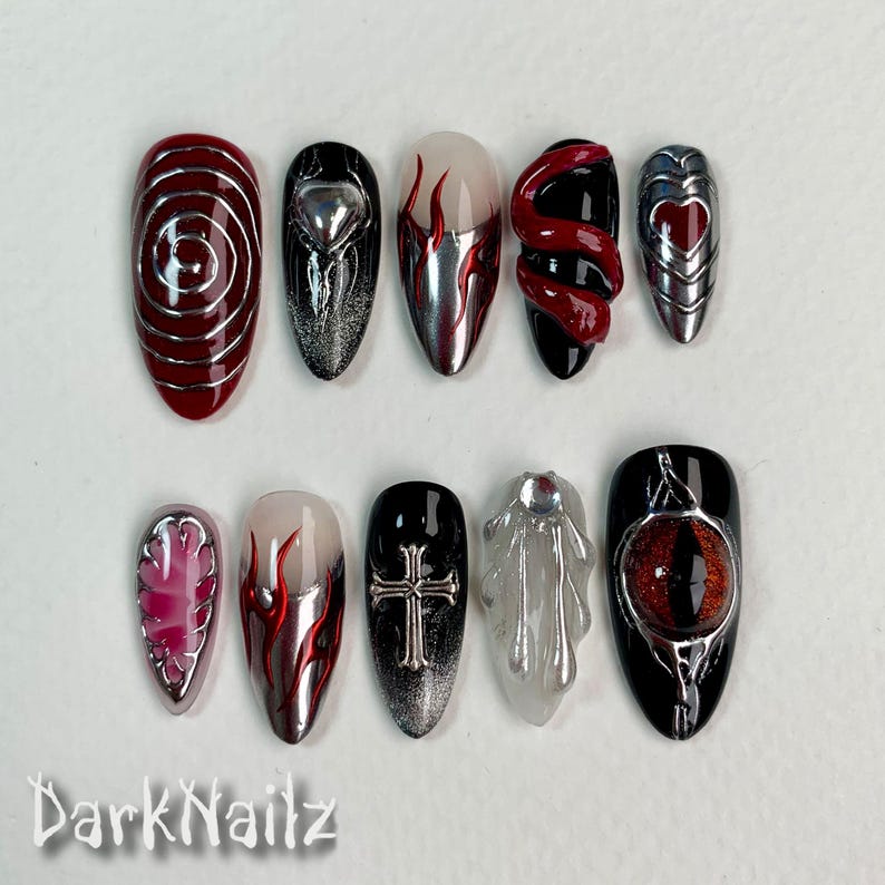 Custom Red Eye Snake Press On Nails, Gothic Punk Rock Cross Nails, Goth Y2K Dark Black Fake Nails