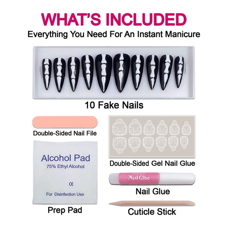Pu&ograve; includere: Un set di 10 unghie finte nere e bianche con un design a scheletro. Il set include una lima per unghie, un tampone di alcool, colla per unghie in gel a doppio lato, colla per unghie e un bastoncino per cuticole. "WHAT'S INCLUDED Everything You Need For An Instant Manicure" &egrave; scritto nella parte superiore dell'immagine.