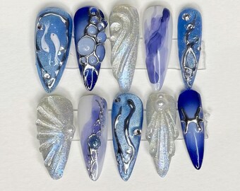 Custom Blue Press On Nails, Vacation Cruises Beach Nails, Japanese Y2K Sea Shell Press On Nails