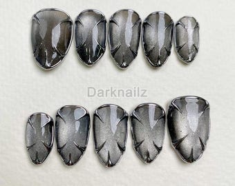Benutzerdefinierte Katzenauge Drücken Sie auf die Nägel, Gothic Punk Rock Silber Chrom Gefälschte Nägel | Darknailz