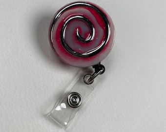 Pink Swirl Badge Reel – Handmade Resin Retractable ID Badge Holder, Pink Spiral Nurse Badge Reel, Cute Office Badge Clip