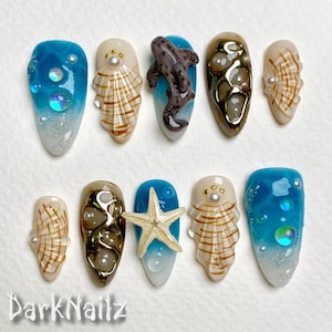 3D Sea Beach Press On Nails: zeester, slakken, haai - zomervakantie