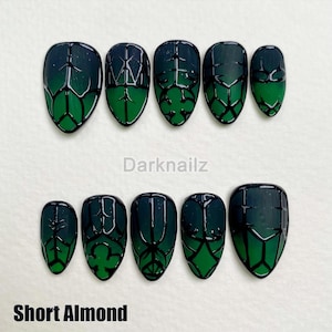 Gothic Fairy Gate Press On Nails: Green Black Ombre 3D Design