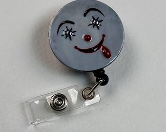 Creepy Smile Badge Reel – Handmade Horror Face Retractable ID Holder, Spooky Cute Badge Reel for Nurses & Teachers